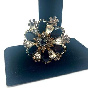 vintage black rhinestone floral brooch gold tone statement pin